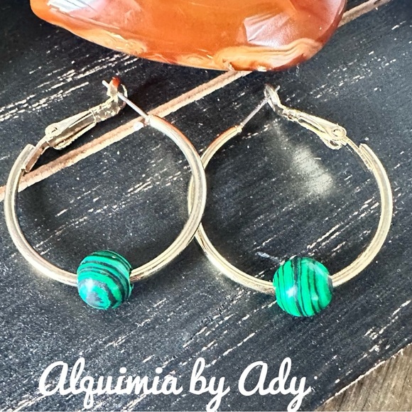Alquimia Gold and Green malachite Hoop Earrings - Picture 1 of 1